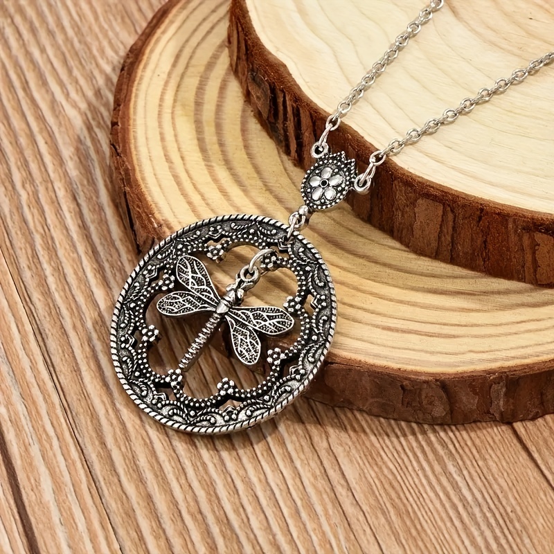 Men's Round Necklace Cutout Round Pendant Necklace Dragonfly Pendant